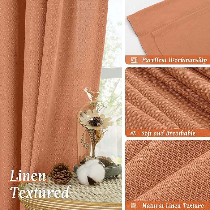 LAMIT Terracotta Linen Boho Curtains 84 inch Length 2 Panels, Light Filtering Burnt Orange Drapes Rod Pocket Western Rustic Panels for Bedroom/Living Room, 52 x 84 Inch