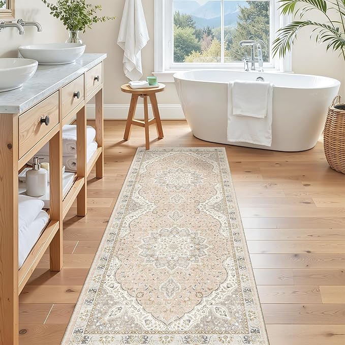 Madane Hallway Runner Rug - 2x5 Rug Runner Washable Runner Rugs Non-Slip Low-Pile Kitchen Runner Rug Laundry Room Rug Throw Carpet for Entrance Bedroom Living Room (2'x5', Pink/Gray)