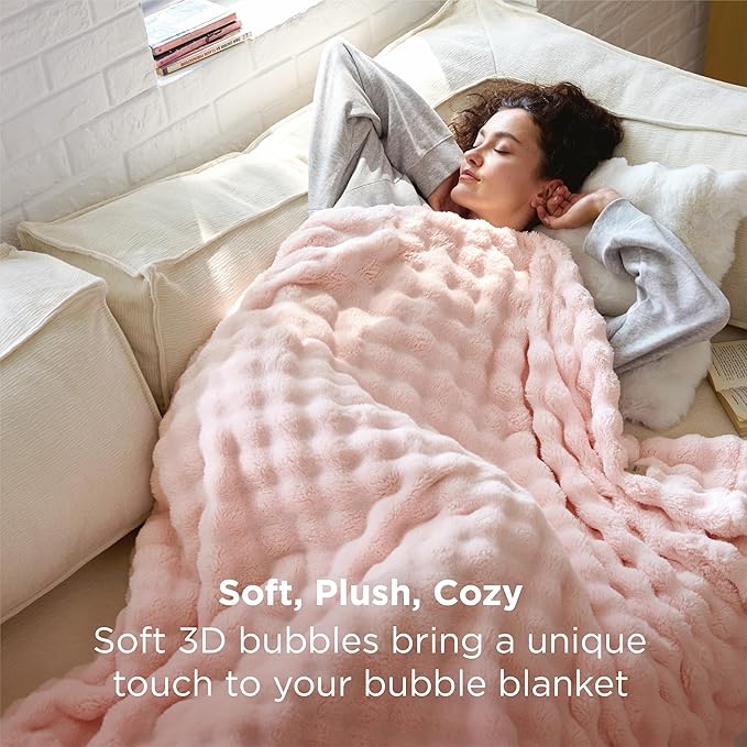 Bedsure 3D Fleece Bubble Blanket for Couch - GentleSoft Pink Throw Blanket for Sofa Bed Room Decor - Luxury Soft Cozy Spring Gifts for Kids Girls, Lightweight, Crystal Pink, 50"×60"