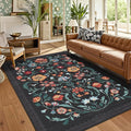 GarveeHome Washable Rug 5x7 Area Rugs for Living Room, Floral Rug for Bedroom, Soft Boho Non Slip Throw Rugs with Rubber Back, Low Pile Stain Resistant Vintage Floral Carpet for Dining Room, Black
