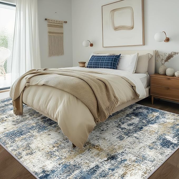 BEIMO Machine Washable Rug 8x10 Area Rugs for Living Room Bedroom, Large Navy Blue Beige Abstract Area Rug Soft Throw Rugs, Low-Pile Floor Carpet with Non Slip Rubber Backing
