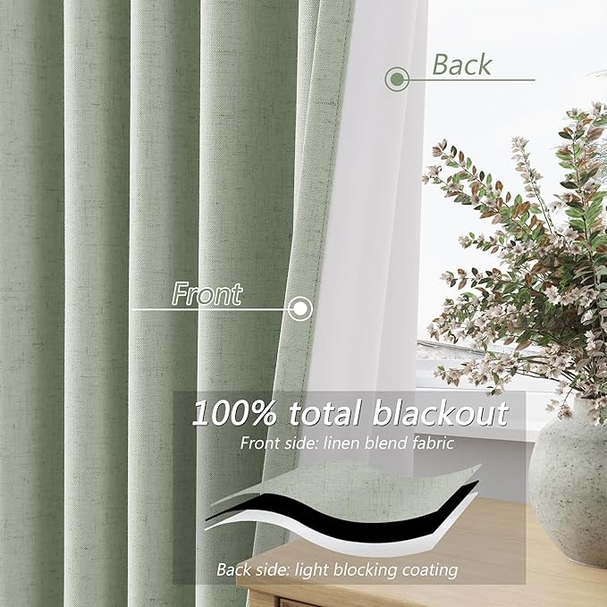 Guken 100% Blackout Curtains 72 Inch Length 2 Panels Set for Living Room Bedroom Back Tab Thermal Insulated Black Out Linen Drapes Room Darkening Window Curtains 72 Inches Long,Mist Sage