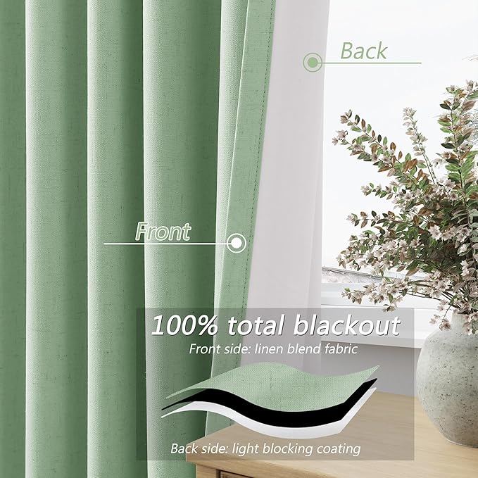 Guken 100% Blackout Curtains 72 Inch Length 2 Panels Set for Living Room Bedroom Back Tab Thermal Insulated Black Out Linen Drapes Room Darkening Window Curtains 72 Inches Long,Aqua Green