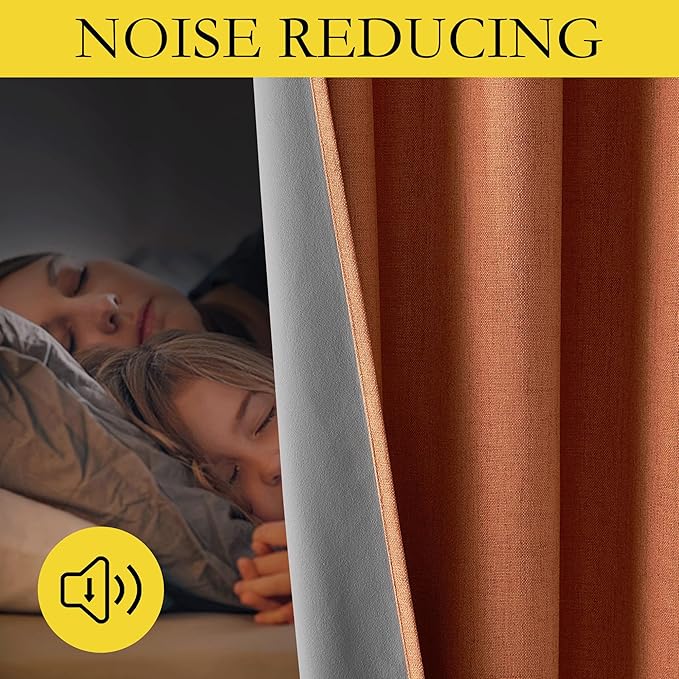 NICETOWN 100% Absolutely Blackout Linen Curtains with Thermal Insulated Liner, Terracotta, 52" Wide, 2 Panels, 84 inches Long Drapes, Grommet Retro Linen Curtains Vertical Drapes Privacy for Bedroom