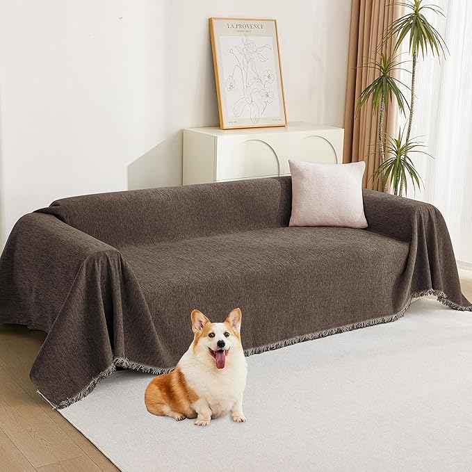 MYSKY HOME Loveseat Cover Deep Chocolate Couch Cover Sectional Couch Covers for 2 Cushion Couch Sofa Thick Universal Chenille Sofa Cover with Tassel Durable Furniture Protector for Dogs 91" x 118"