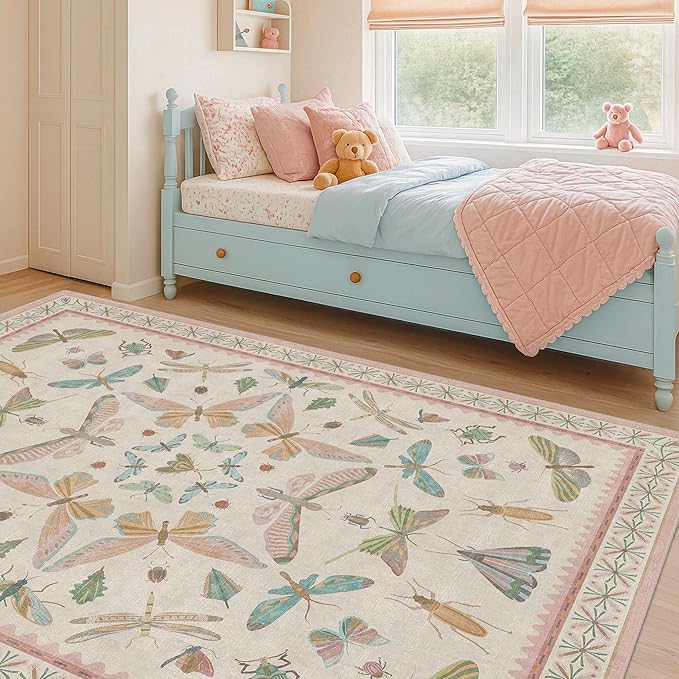 Hazo Haus Washable 5x8 Light Pink Rug for Bedroom - Pink Boho Girl Nursery Rug, Living Room, Nature Insect Bug Print Home Decor