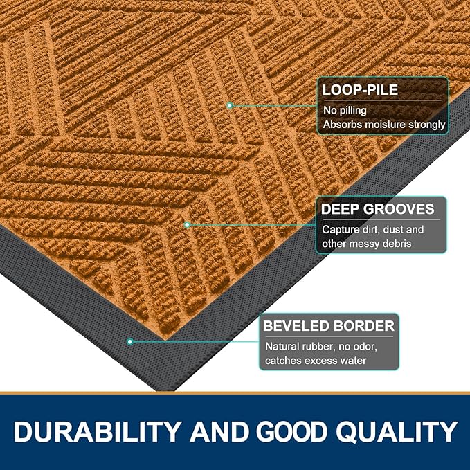 Smiry Front Door Mat Outside Entrance, Heavy Duty Sturdy Natural Rubber Doormat, Trap Dirt and Moisture, Easy Clean Low Profile Mats for Indoor Outdoor Entry, Irregular Triangle (29.5x17, Amber)