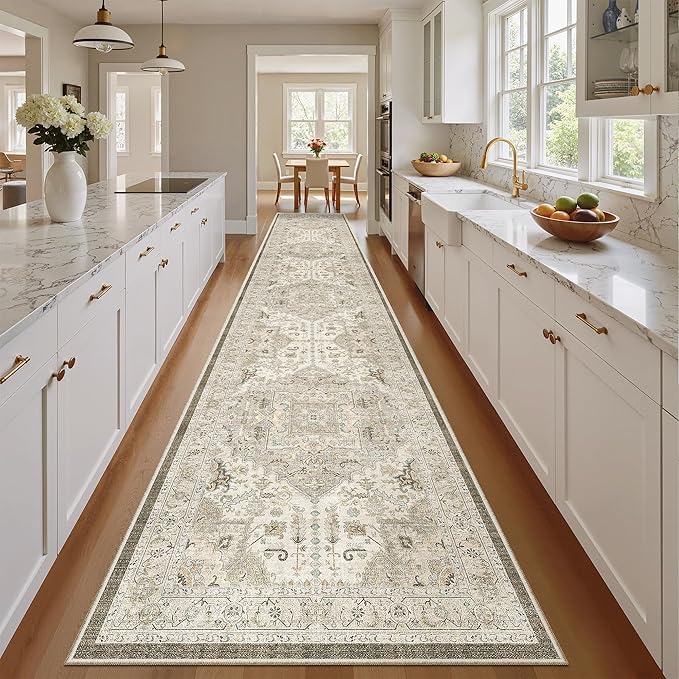 Madane Hallway Runner Rug 2'6''x16' Kitchen Runner - Non Slip Vintage Runners for Hallways Washable Kitchen Rugs Soft Low Pile 2.5x16 ft Rug Runner for Laundry Room, Entryway and Bedroom, Ivory/Brown