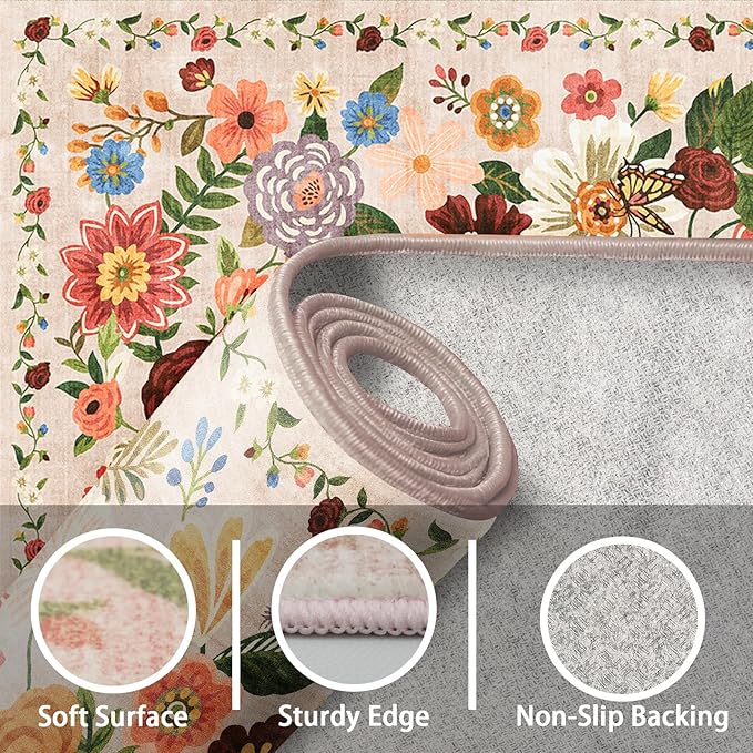 Area Rugs 24x17 Inch Home Decor Entry Rug, Small Door Mat Bath Mats for Bathroom, Ultra-Thin Non Slip Floral Rug Low Pile Tub Mat for Sink Shower Doorway Tub Kitchen Sink(2 x 1.4 ft, Beige)