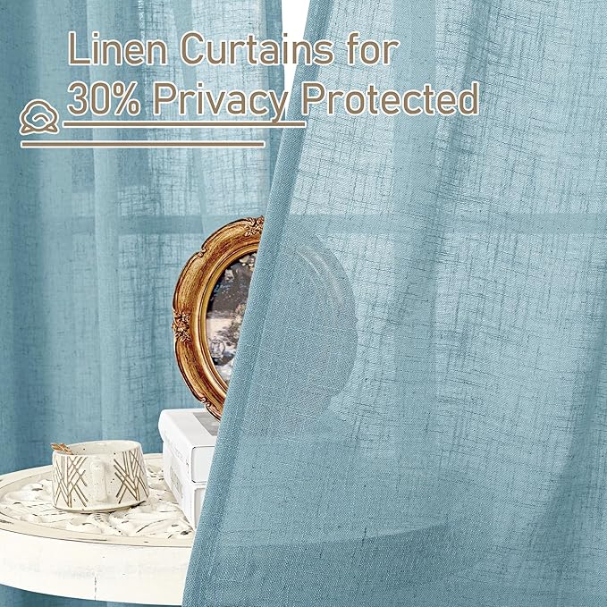 LAMIT Stone Blue Linen Curtains 54 Inch Length 2 Panels, Light Filtering Panels Back Tab and Rod Pocket Country Decor Drapes for Bathroom/Window/Bedroom, 52 x 54 Inch