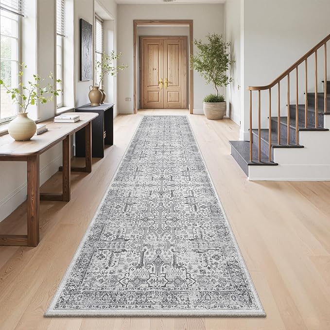 Hallway Washable Runner Rug 2x10 - Non Slip Vintage Kitchen Runner Rugs for Entryway Low-Pile Waterproof Long Runners for Living Room Bedroom Medallion Indoor Floor Mat for Bathroom Laundry Grey