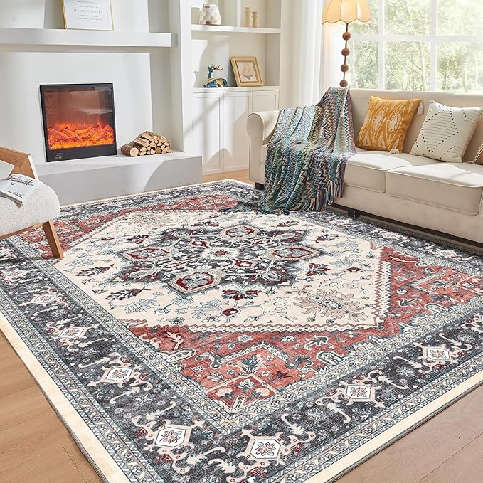 OPPODREAM Soft 10x14 Area Rugs, Washable Rugs 10x14 with Non Slip Backing, Low-Pile Faux Cashmere 10 x 14 Carpet, Black & Red