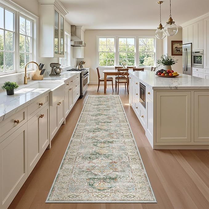 Madane Hallway Runner Rug 2x12, Extra Long Washable Runner Rugs with Rubber Backing, Non Slip Carpet Runner for Hallway, Vintage Rug Runners for Kitchen Laundry Room Entryway (Green, 2'x12')
