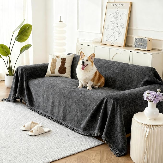 Couch Cover for Dogs, Boho Sofa Covers for 3 Cushion Couch, Chenille Sofa Slipcover for Pets Washable, L-Shape Sectional Couch Cover Soft Throw Blankets with Tassels(71x118,Charcoal Grey)
