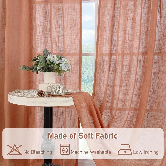 LAMIT Linen Curtains for Living Room 120 Inches Long, Back Tab and Rod Pocket Semi Sheer Panels Light Filtering Farmhouse Drapes for Bedroom/Dining Room, Terracotta, Set of 2, 52 x 120 Inch