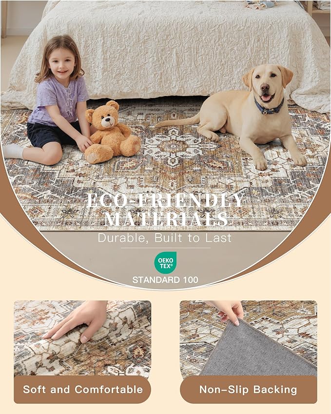 Madane 3x12 Hallway Runner Rug, Non Slip Washable 12ft Runner for Hallways Soft Vintage Kitchen Rugs Low-Pile Thin Floor Carpet Runner for Entryway Bathroom Bedroom, Turmeric/Grey