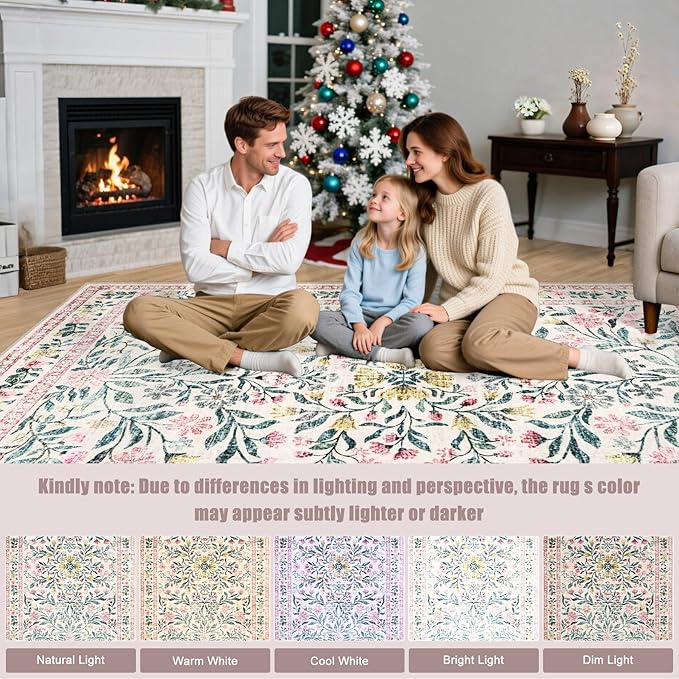 Round Area Rug for Living Room: 6 ft Floral Washable Circle Rug Soft Boho Non-Slip Carpet Indoor Stain Resistant Low Pile Small Circular Rug for Bedroom Entryway Kitchen Nursery Home Office Pink Green