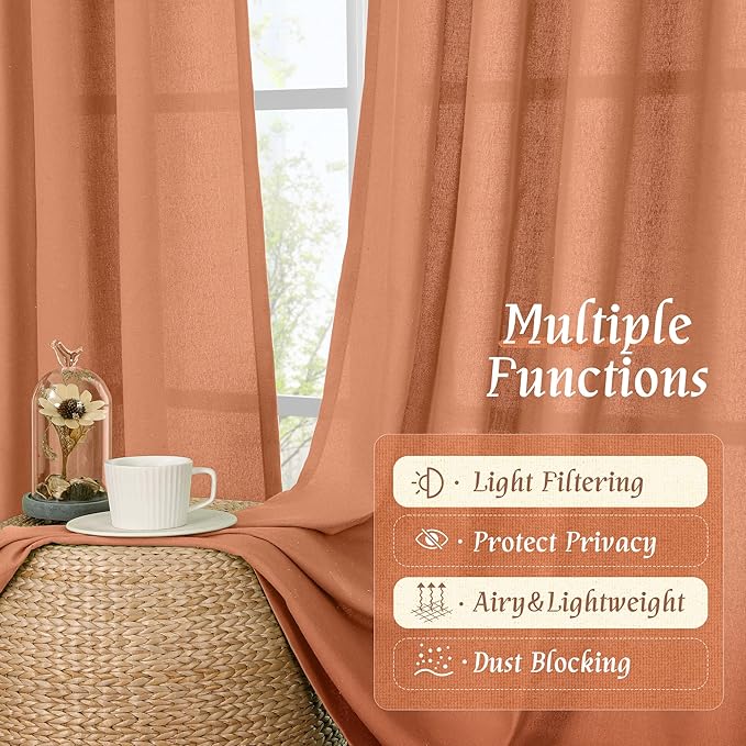 LAMIT Terracotta Linen Curtains 72 inches Long for Living Room, Soft Thick Semi Sheer Light Filtering Rod Pocket Window Treatments Fall Decor Drapes for Bedroom, 2 Panels Set, 52 x 72 Inch