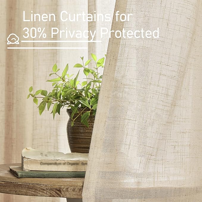 LAMIT Small Window Linen Curtains 45 Inches Long, Semi Sheer Light Filtering Panels Back Tab and Rod Pocket Cafe Drapes for Basement/Window/Kitchen, Linen, 2 Panels, 34 x 45 Inch