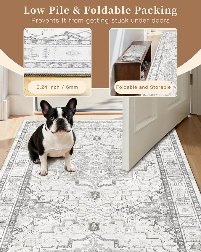 Madane Runner Rug 2'6''x8' Kitchen Runner, Hallway Runner Printed Vintage Rug 2.5x8ft Washable Rugs Soft Non-Slip Low Pile Runners for Hallways Laundry Room Rug, Grey