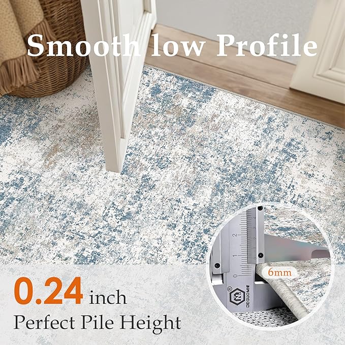 Blue 2x3 Area Rug Washable Abstract Entryway Carpet Modern Neutral Non Slip Door Mat Soft Low Pile Contemporary Aesthetic Small Bedroom Throw Rug for Kitchen Laundry Dining Room