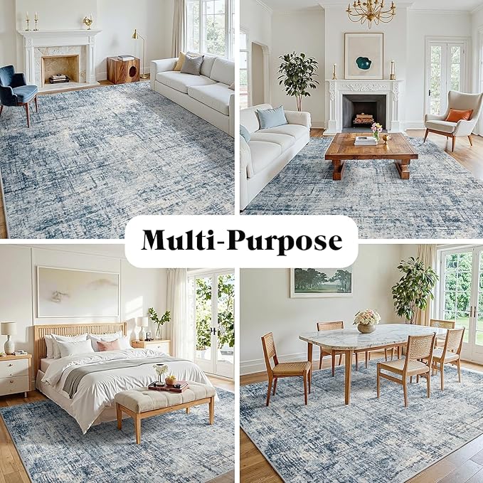 10x14 Area Rugs for Living Room Washable Rug: Anti-Skid Abstract Modern Living Room Rug Soft Thin Carpets Indoor Floor Non-Shedding Carpet for Bedroom Dining Farmhouse Nursery Home Office Blue Gold