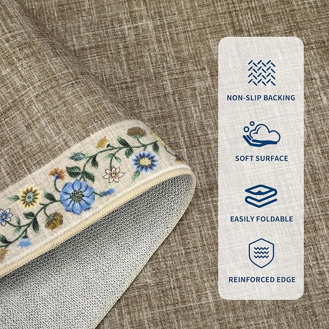GarveeHome Washable Living Room Rug 9x12 Floral Bordered Area Rugs Soft Thin Indoor Carpet for Bedroom Modern Throw Aesthetic Mat Non Slip Stain Resistant Carpet for Dining Room Office, Dark Camel