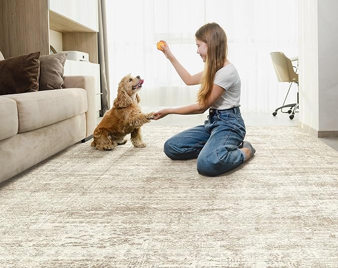 9x12 Area Rug Living Room Rugs - Washable Neutral Modern Abstract Soft Thin Rug Indoor Floor No Slip Rug Carpet for Bedroom Under Dining Table Home Office Decor - Beige/Brown