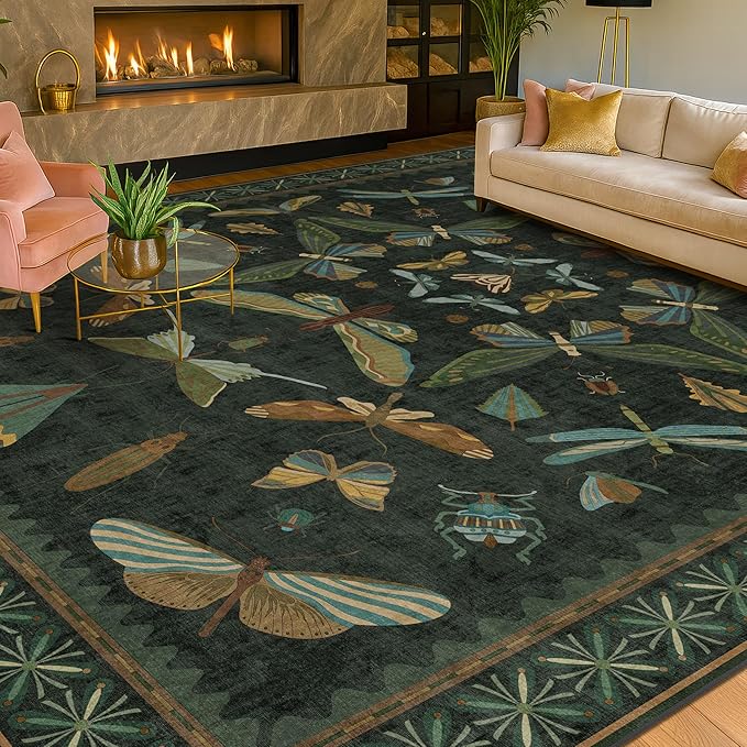 Hazo Haus Dark Green Insect Area Rugs 8x10 for Living Room, Dining Room Under Table, Bedroom, Unique Washable Floral Non Slip Low Pile Soft Rug