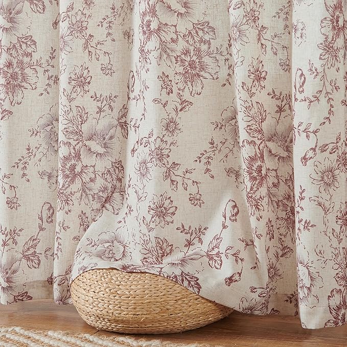 jinchan Linen Blend Curtain Floral Curtains for Living Room 54 Inch Length Farmhouse Brick Red Printed Curtain Rod Pocket Back Tab Peony Flower Patterned Drapes Curtains Set 2 Panels