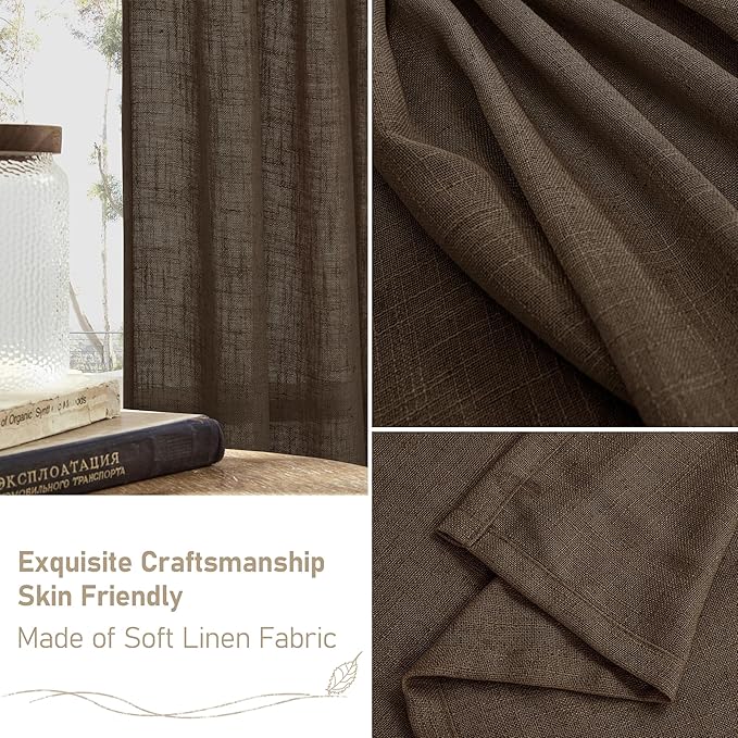 LAMIT Linen Curtains 68 Inch Length 2 Panels, Light Filtering Panels Back Tab and Rod Pocket Neutral Drapes for Bedroom/Window/Living Room, Dark Brown, 52 x 68 Inch