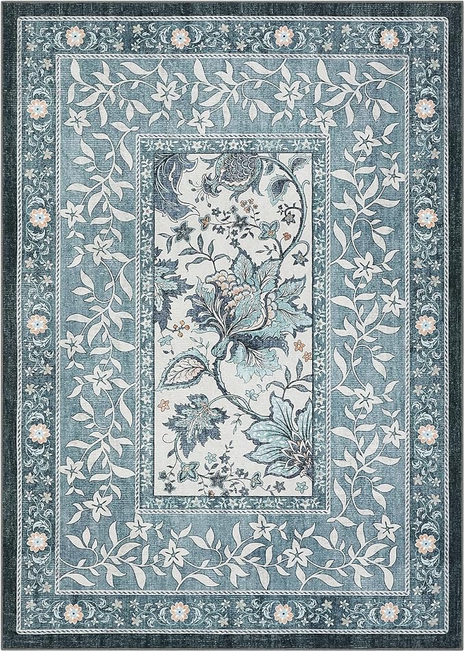 GarveeHome Provence Misty Blue 3x5 Rug Washable Non-Slip Low-Pile Indoor Rugs for Entryway Botanical Grove Vintage Boho Cottage Throw Carpet for Kitchen Bedroom Living Room Bathroom Mat
