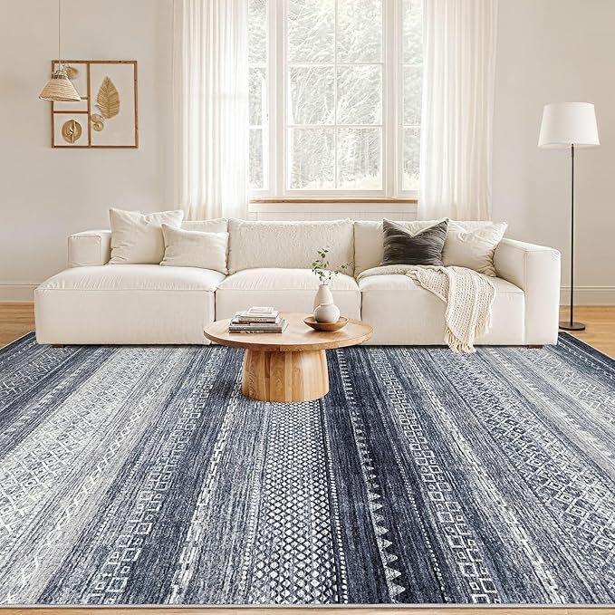 Nakagishi 5x7 Area Rugs Living Room: Washable Boho Large Neutral Soft Rug Modern Stain Resistant Moroccan Indoor Non Slip Floor Carpet for Bedroom Nursery Kids Playroom Office Dining Room Dorm- Blue