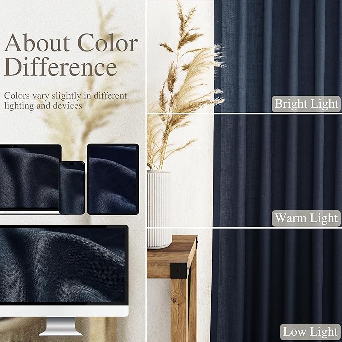 Navy Blue Linen Curtains 102 Inches Long for Living Room 2 Panel Set Back Tab Rod Pocket Indigo Semi Sheer Curtains Light Filtering Burlap Extra Long Drapes Farmhouse Decor for High Window 40x102