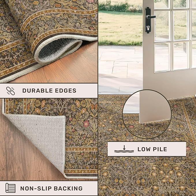 Gold Brown Floral Living Room Rug 5x7 - Vintage Forest Washable Area Rugs for Dining Room, Bedroom, Oriental Distressed Low Pile Non Slip Stain Resistance Indoor Earthy Carpet