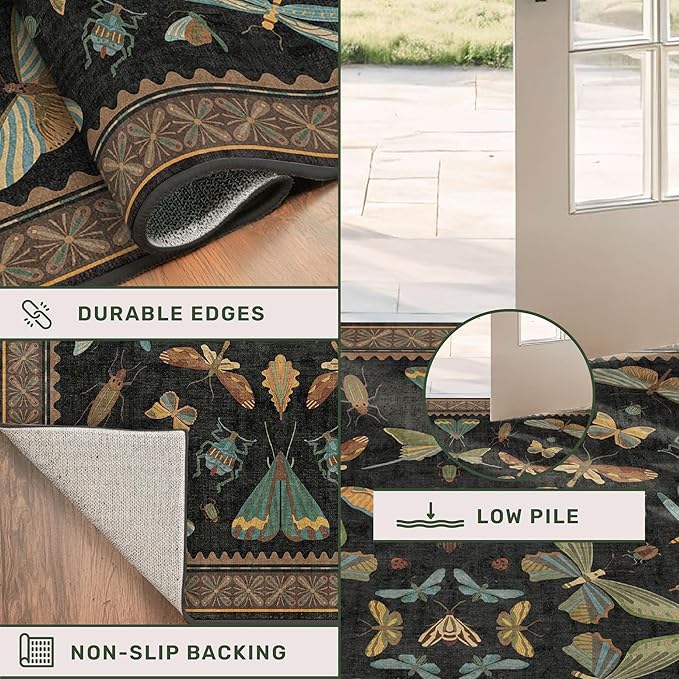 Hazo Haus Washable Black 6ft Round Area Rugs for Bedroom Beside Bed - Dark Unique Insect Print Circle Rug for Living Room, Dining Room, Vintage Nature Insect Design, Low Pile & Soft