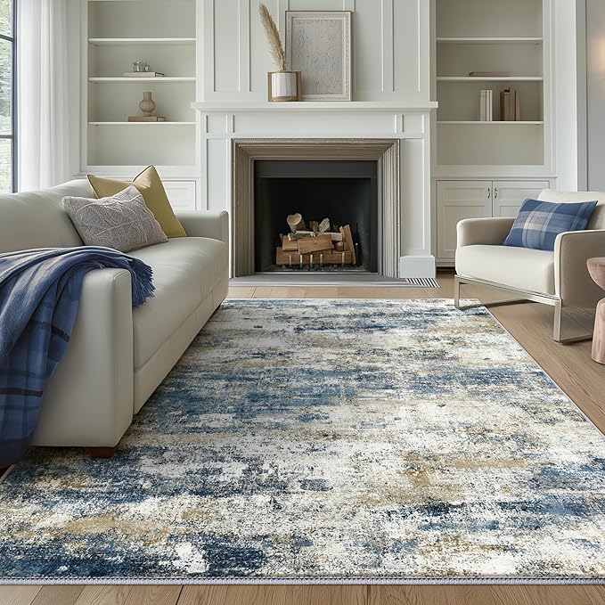 BEIMO Machine Washable Rug 5x7 Area Rugs for Living Room Bedroom, Large Navy Blue Beige Abstract Area Rug Soft Throw Rugs, Low-Pile Floor Carpet with Non Slip Rubber Backing