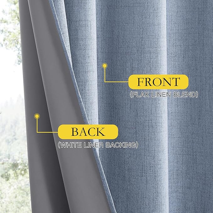 NICETOWN Stone Blue Vintage Linen 100% Blackout Curtains for Living Room, Thermal Insulated Curtains 48" Long, Noise Reducing Window Treatment Drapes for Hall Room, 52" Wide Per Panel, Set of 2