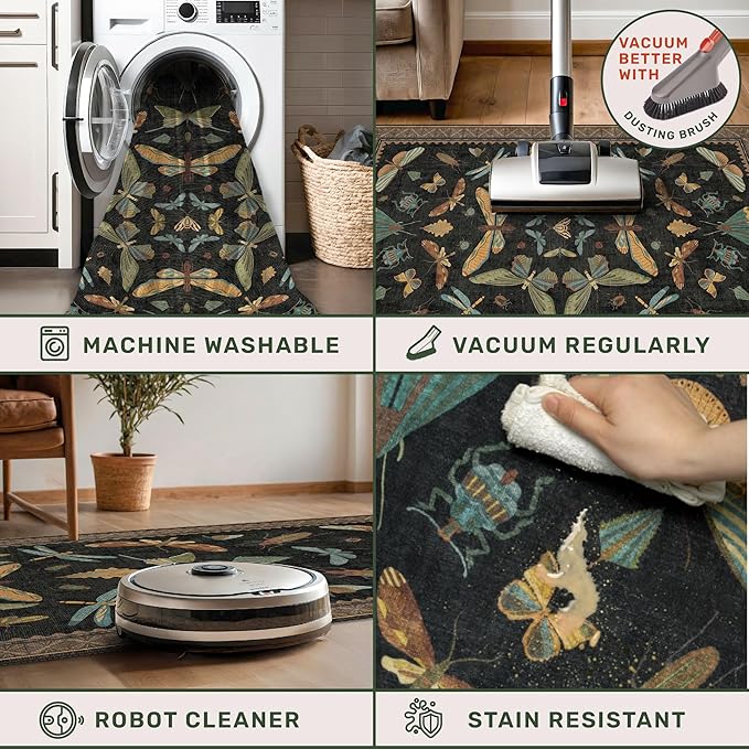 Hazo Haus Washable Black 6ft Round Area Rugs for Bedroom Beside Bed - Dark Unique Insect Print Circle Rug for Living Room, Dining Room, Vintage Nature Insect Design, Low Pile & Soft