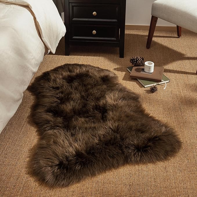 Ashler Faux Fur Rug, Fluffy Shaggy Area Rug, Ultra Soft 2.3 x 3.3 Feet Sheepskin Fur, Dark Coffee Fuzzy Rug, Machine Washable Shag, Nursery Decor Throw for Bedroom, Kids Room, Living Room
