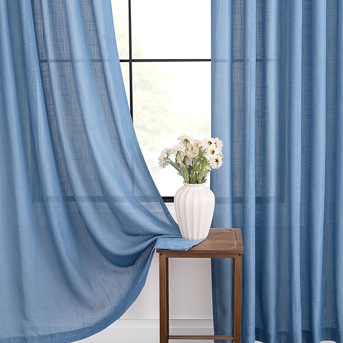Denim Blue Curtains for Living Room Back Tab Modern Farmhouse Semi Sheer Blue Curtains 108 inches Long 2 Panels Set Muted Neutral Window Curtain for Dining Room Bedroom 52x108