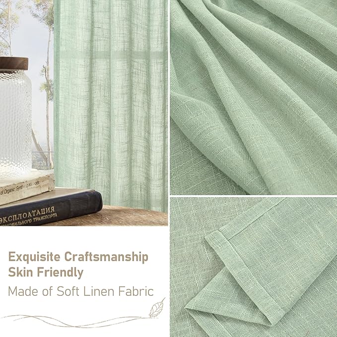 LAMIT Linen Curtains 48 Inch Length 2 Panels, Light Filtering Panels Back Tab and Rod Pocket Neutral Drapes for Kitchen/Window/Loft Room/Bedroom, 34 x 48 Inch Fresh Green