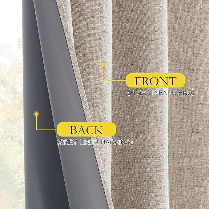 NICETOWN Oatmeal Vintage Open Linen Weave Flax Thermal Curtains, 100% Blackout Curtains 95" Long for Dining Room, Soundproof Window Treatment Drapes for Home Office, 62" Wide Per Panel, Set of 2
