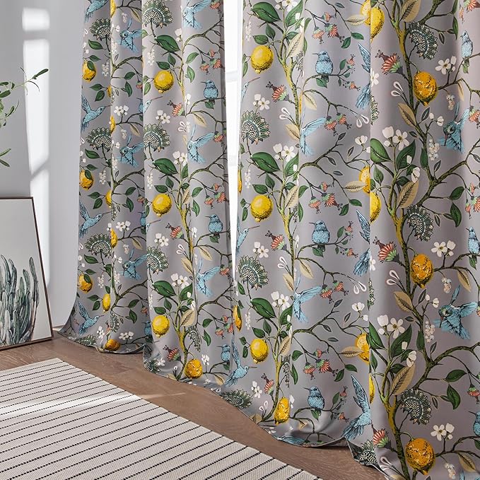 Topfinel Gray Patterned Curtains 96 Inch Long for Living Room, Bedroom Blackout Elegant Vintage Botanical Floral Hummingbird Drapes Grommet Window Treatments for Sliding Door 2 Panel 96 Inch Length
