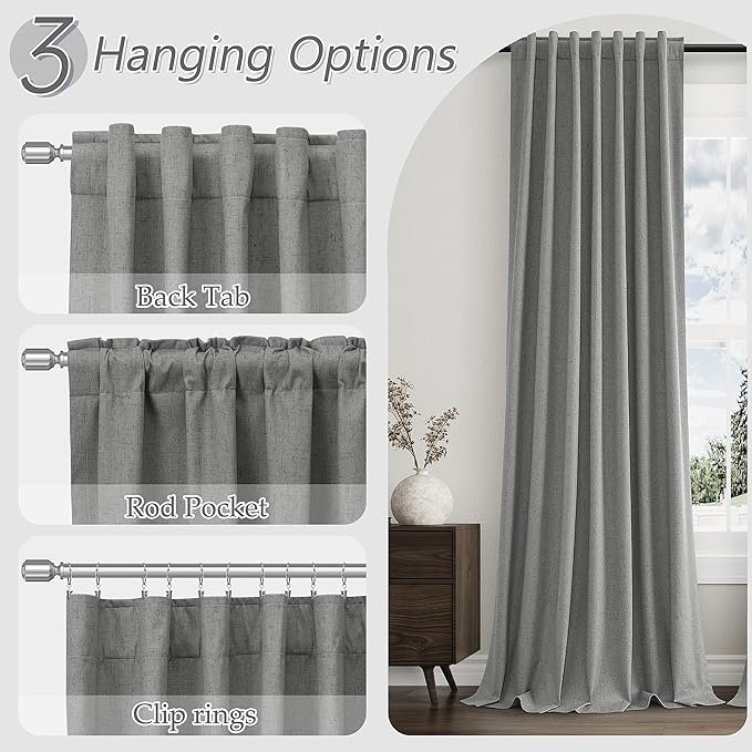 Guken Dark Grey 100% Blackout Linen Curtains 90 Inch Length 2 Panels Set for Living Room Back Tab Thermal Insulated Black Out Drapes Room Darkening Farmhouse Style for Bedroom Window Curtains
