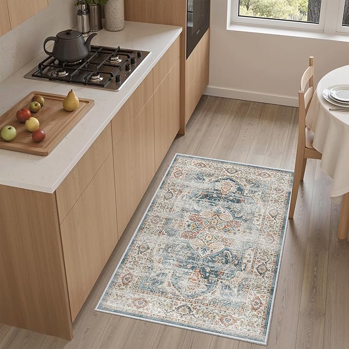 Madane Washable Area Rug 2x3, Small Entryway Rug Non-Slip Vintage Door Mat Indoor Entrance, Low Pile Floor Carpet for Inside Front Door Bedroom Kitchen Entry Laundry (2'x3', Navy)