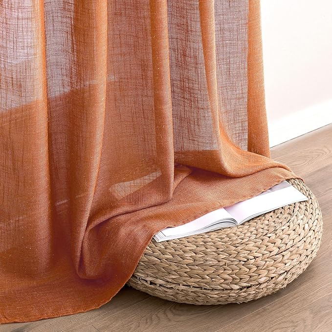 MIULEE Orange Curtains 90 Inch Length 2 Panels for Bedroom Living Room, Soft Thick Linen Textured Window Drapes Semi Sheer Light Filtering Back Tab Rod Pocket Burlap Look Fall Boho Decor