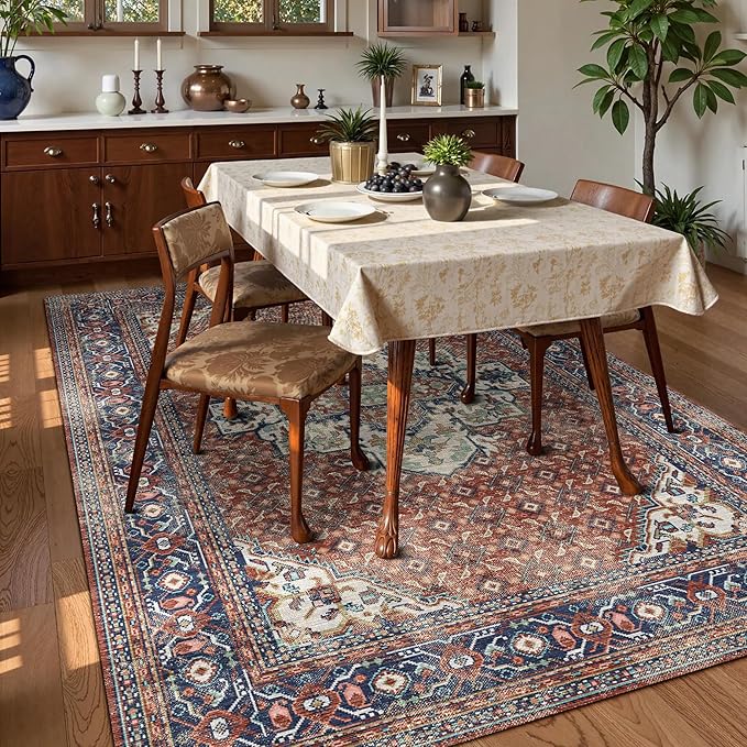 Washable Area Rug 4' x 6' Vintage Traditional Persian Mat - Foldable Distressed Non-Slip Machine Washable Carpet for Living Room Bedroom Kitchen Home Decor - Terracotta and Navy