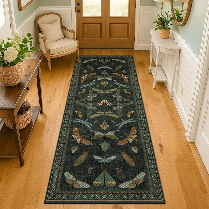 Hazo Haus Insect 2x7 Stain Resistant Kitchen Runner Rugs, Vintage Bathroon Rug Non Skid, Low Pile & Soft Non Slip with Rubber Backed, Dark Green Boho Room Decor for Bedroom