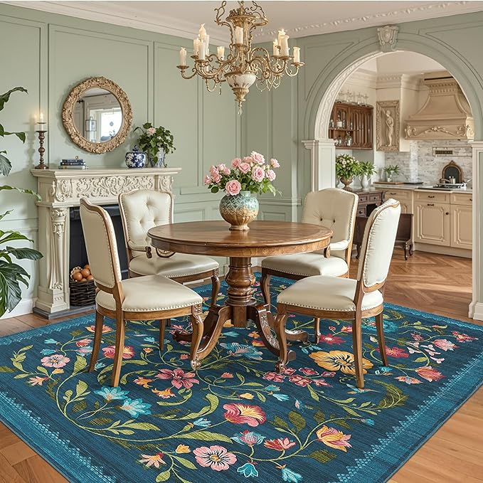 GarveeHome Washable Rug 4x6 Area Rugs for Living Room, Floral Rug for Bedroom, Soft Boho Non Slip Throw Rugs with Rubber Back, Low Pile Stain Resistant Vintage Floral Carpet for Dining Room, Blue